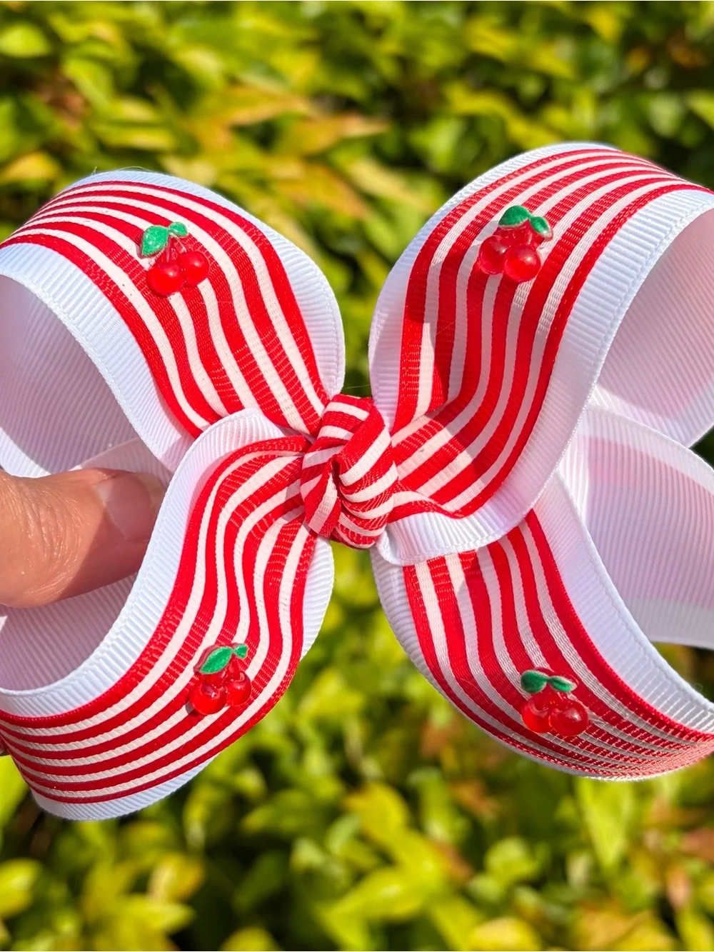 Red & White Striped Cherry Hair Bow 5 inches Wide